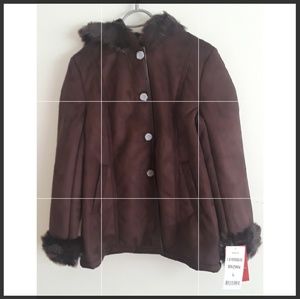 Excelled Hooded Faux-Suede Brown Coat Size L 12-14